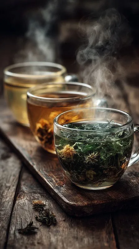 Amber colored tea in ceramic cup with steam rising